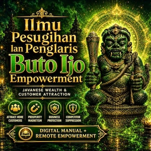 Puede incluir: Un gráfico digital que muestra una estatua verde y texturizada de una figura mítica que sostiene un garrote, rodeada de energía verde brillante. El texto dice Ilmu Pesugihan Ian Penglaris Buto Ijo Empowerment, Javanese Wealth & Customer Attraction y Digital Manual + Remote Empowerment.