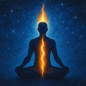 Könnte beinhalten: Digitale Kunst eines Menschen in meditativer Pose, mit einem feurigen orangefarbenen Energiefluss, der aus dem Körper aufsteigt. Die Figur ist vor einem tiefblauen Sternenhintergrund platziert, was ein Gefühl kosmischer Verbundenheit und spirituellen Erwachens erzeugt.