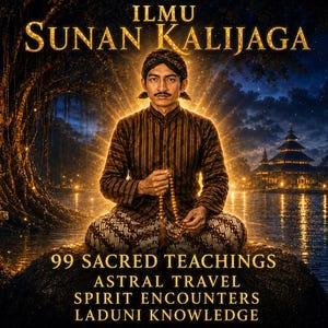 Puede incluir: Una persona con vestimenta tradicional javanesa sentada en posición de meditación sosteniendo cuentas de oración. La imagen presenta el texto ILMU SUNAN KALIJAGA, 99 SACRED TEACHINGS, ASTRAL TRAVEL, SPIRIT ENCOUNTERS y LADUNI KNOWLEDGE sobre una escena nocturna brillante.