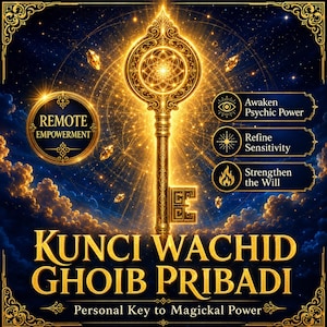 May include: A golden key centred against a dark blue starry sky with clouds. Text reads: REMOTE EMPOWERMENT, Awaken Psychic Power, Refine Sensitivity, Strengthen the Will, KUNCI WACHID GHOIB PRIBADI, and Personal Key to Magickal Power.