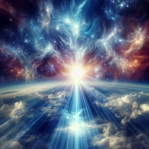 Puede incluir: Una imagen abstracta y colorida de una nebulosa con un rayo de luz que brilla a través de las nubes. La nebulosa es una mezcla de colores azules, morados y rojos, con estrellas dispersas por todas partes. El rayo de luz es blanco y crea un efecto dramático.