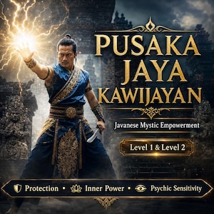 Puede incluir: Un gráfico digital que muestra a una persona con vestimenta tradicional azul y dorada con la mano levantada emitiendo rayos. El texto dice: PUSAKA JAYA KAWIJAYAN, Javanese Mystic Empowerment, Level 1 & Level 2, Protection, Inner Power, Psychic Sensitivity.