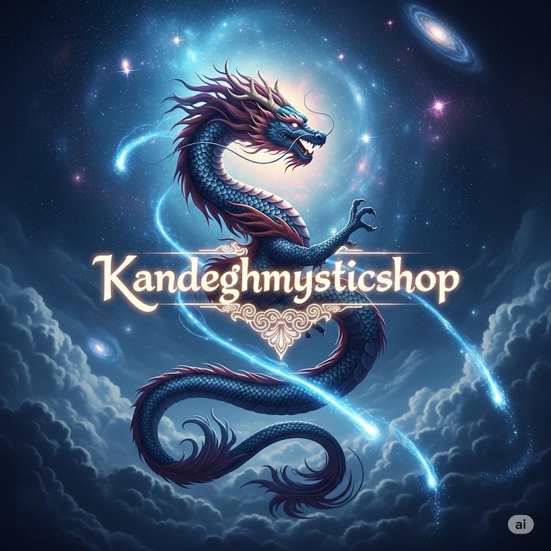 May include: A digital illustration of a blue and red dragon with a cosmic background. The dragon is in a dynamic pose, with glowing blue lines and the text "Kandeghmysticshop". The artwork features a celestial theme with galaxies and clouds.