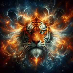 Könnte beinhalten: Das Gesicht eines Tigers mit orangefarbenen und schwarzen Streifen ist von wirbelnden orangefarbenen und blauen Flammen umgeben. Die Augen des Tigers sind hell und wachsam, und seine Schnurrhaare sind lang und spitz.