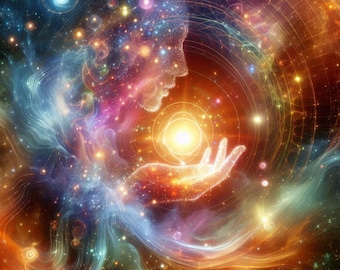 May include: A colorful abstract image of a person holding a glowing orb in their hand. The background is filled with swirling nebulae and stars.