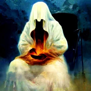 Può includere: Una persona vestita con una tunica bianca è seduta su una sedia, tenendo un globo luminoso tra le mani. Il globo è circondato da fiamme, e il viso della persona è nascosto dal cappuccio della tunica.