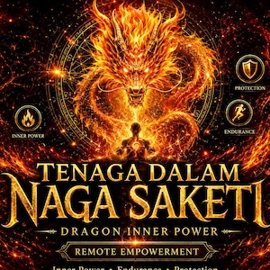 Op de afbeelding: Een digitale afbeelding met een vurige oranje en gele draak boven een menselijk silhouet. De tekst luidt TENAGA DALAM NAGA SAKETI, DRAGON INNER POWER, REMOTE EMPOWERMENT, INNER POWER, PROTECTION en ENDURANCE met bijbehorende iconen.