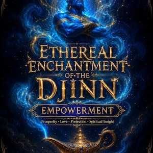 Puede incluir: Una ilustración digital que muestra una figura de piel azul con corona y brazos cruzados sobre una lámpara de aceite dorada. El texto dice ETHEREAL ENCHANTMENT OF THE DJINN EMPOWERMENT Prosperity Love Protection Spiritual Insight en letras doradas.