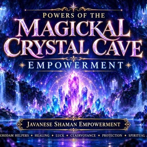 May include: A digital illustration featuring a glowing purple and blue crystal cave with waterfalls. Text reads: POWERS OF THE MAGICKAL CRYSTAL CAVE EMPOWERMENT, JAVANESE SHAMAN EMPOWERMENT, ANGEL KHODAM HELPERS, HEALING, LUCK, CLAIRVOYANCE, PROTECTION, SPIRITUAL ALLIES.