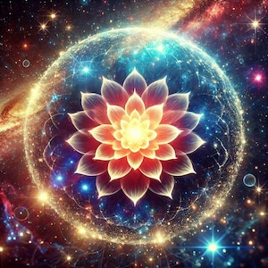 Könnte beinhalten: Eine leuchtende, mehrfarbige Blume mit gelbem Zentrum, umgeben von einer wirbelnden Galaxie aus Sternen und Nebeln. Die Blume ist von einem leuchtenden Kreis umgeben, der ein Gefühl kosmischen Staunens erzeugt.