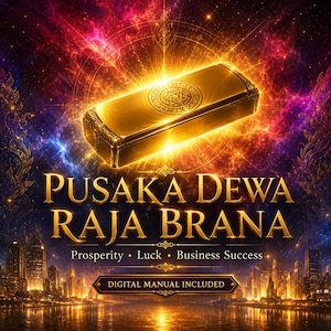 Puede incluir: Una caja rectangular de color dorado con un emblema circular grabado en la tapa, sobre un fondo de nebulosa cósmica encima de una ciudad. El texto dice PUSAKA DEWA RAJA BRANA, Prosperity, Luck, Business Success, DIGITAL MANUAL INCLUDED.