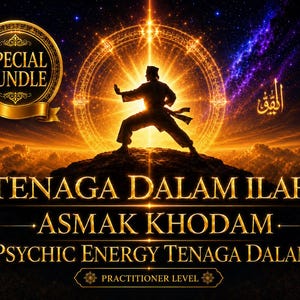 May include: A digital graphic featuring a silhouette of a person in a martial arts stance atop a mountain against a glowing golden circular light. Text includes SPECIAL BUNDLE, TENAGA DALAM ILAHI, ASMAK KHODAM, PSYCHIC ENERGY TENAGA DALAM, and PRACTITIONER LEVEL.