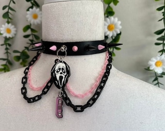 Black and Pink Faux Leather Ghost Face Horror Buckle Chains Spiked Collar Alternative Choker Pastel Goth Necklace Jewelry