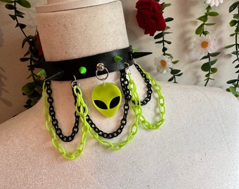Black and Neon Green Alien Faux Leather Buckle Spiked Chains Alternative Gothic Cyber Goth Choker Collar
