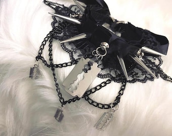 Gothic Black Lace Alternative Emo Scene Razor Choker Collar Spikes Spiked Chains Jewelry