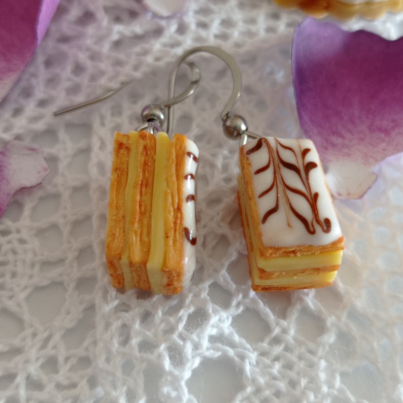 Boucles d'oreilles pendantes millefeuille pâte polymère imagem 2