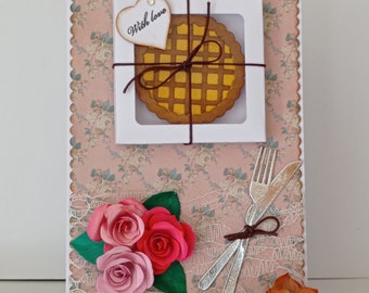 Carte faite à la main, romantique avec un gâteau et des roses, à offrir pour toute occasion, un anniversaire, des gourmands, un amour...