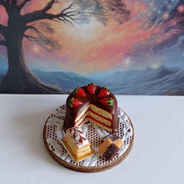 Assortiment de pâtisseries, gâteau chocolat fraises, millefeuille,  biscuits sur un plateau en bois pour collectionneurs.