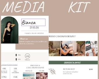 May include: A two-page media kit template for a fashion, decor, and lifestyle influencer. The template includes a photo of the influencer, a section about her, a section on her previous collaborations, and a section on her services and rates. The template is fully customizable and made in Canva.