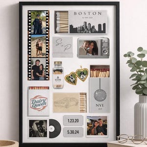 May include: A framed collage featuring various mementos and photographs. Includes a film strip of photos, matchboxes with city and event themes, a vintage camera, a vinyl record, and dates. The color scheme is neutral with black and white elements.