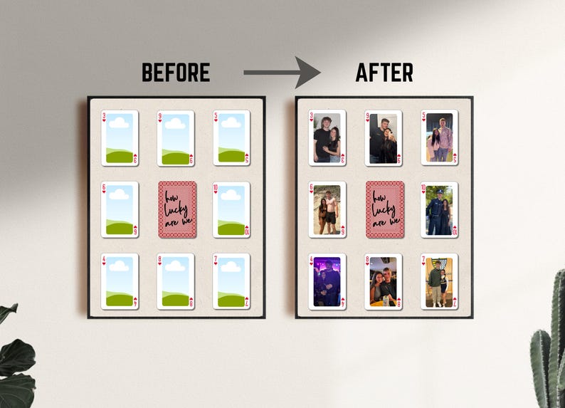 May include: A framed wall art piece showing a before and after comparison. The "before" side displays playing cards with landscape images, while the "after" side features photos of people. A red card in the center reads "how lucky are we".
