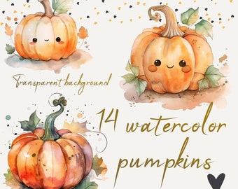 Pumpkin Watercolor Clipart, 14 Orange Pumpkins Bundle, Halloween, Transparent PNG Background, Instant Digital Download
