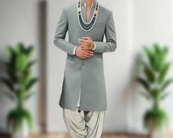 Sherwani Uomo 3 Pezzi Verde E Avorio – Taglia XL (44), Nuovo Con Etichette, Stile Indiano Bollywood - Foto 2