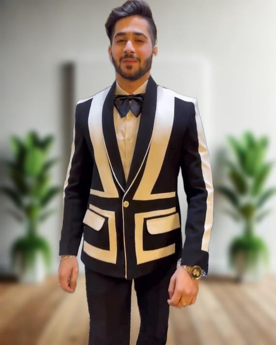 Men's Black Designer Tuxedo Suit with White Stripes - exclusive Formal Wear by Faisaloutfits