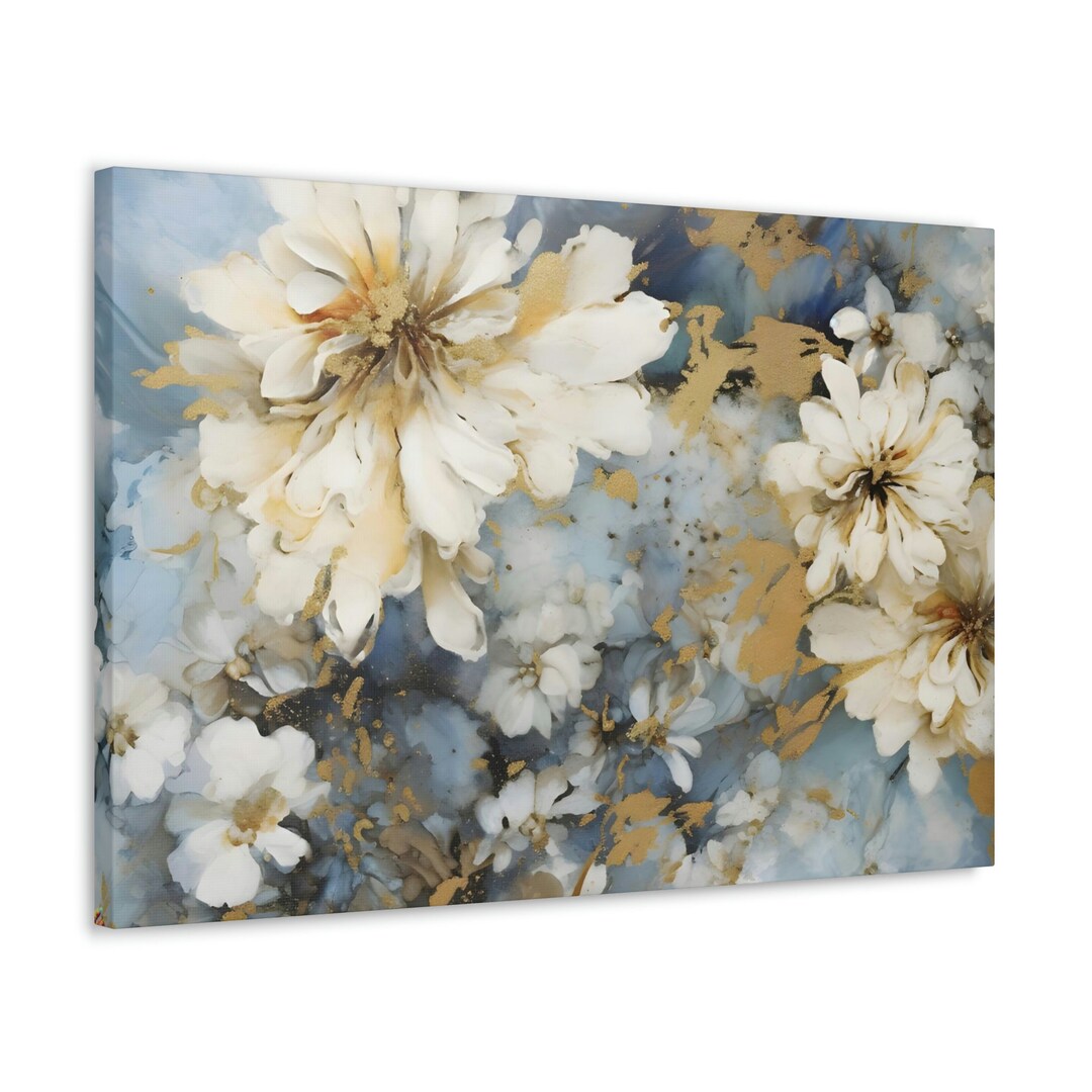 Blue and Gold Flower Canvas, White Flower Canvas Art, Floral Canvas