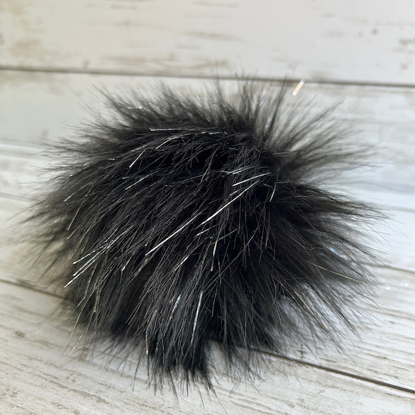 Raven Sparkle Pom, Faux Fur Pom Poms, Faux Fur, Beanie Toppers, Fake Fur Pom, Pom Poms, Faux Fur Pom Poms for Hats, Luxury Faus Fur Pom