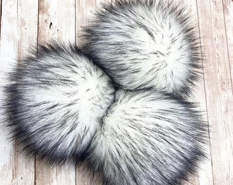 Black/White Wolf Pom, Faux Fur Pom Poms, Faux Fur, Beanie Toppers, Fake Fur Pom, Pom Poms, Faux Fur Pom Poms for Hats, Luxury Faus Fur Pom