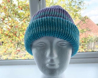 Turquoise and Purple Striped knitted beanie hat, homemade headwear, dog walking gift, women's handmade headgear, winter ready, Reversible