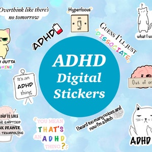 Pegatinas divertidas sobre TDAH, pegatinas PNG, pegatinas humorísticas sobre TDAH, concienciación sobre la salud mental, pegatinas para agenda, pegatinas para diario digital, descargables