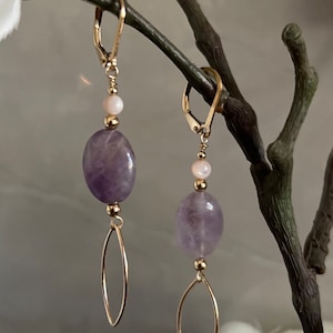 16K Gold Filled Amethyst & Rose Quartz Stone 2&quot; Lightweight Earrings. Hypoallergenic GF Leverback.