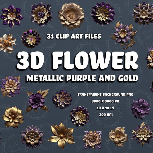 3D Metallic Flower PNG | Purple & Gold Metallic Finish | Grandiose Details for Digital Projects and Designs | Instant Download |