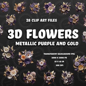 3D-bloemstukken PNG's | Paars en goud metallic afwerking | Grandioze details voor digitale projecten | Directe download