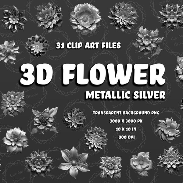 3D Metallic Flower PNG | Silver Flowers With Metallic Finish | For Digital Projects and Designs | Silver Flower | Instant Download |