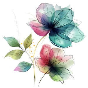 Colorful Flowers Ink Watercolor Clipart, Beautiful Floral PNG Bundle, Digital Download, Paper Craft, Junk Journal Transparent Background PNG