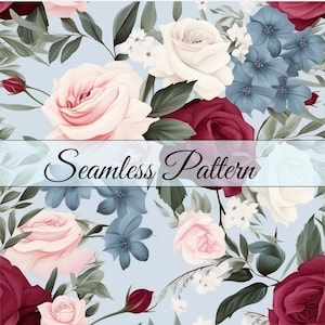 Pink Red White Rose Blue Background Watercolor Seamless Pattern, Floral Digital Paper, Romantic Wedding Design, Instant Download, JPG PNG