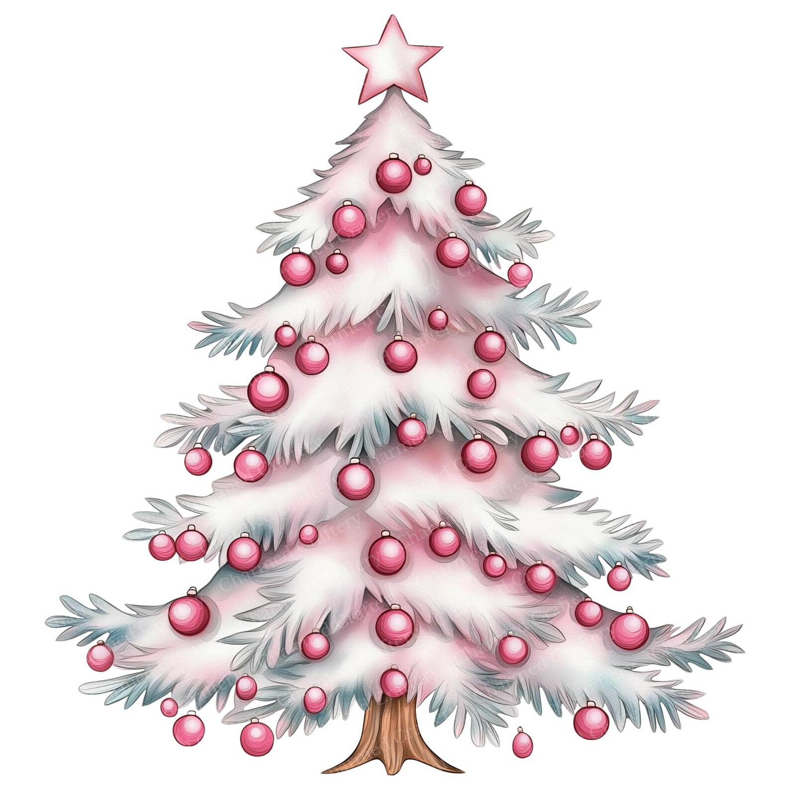 Pink Watercolor Christmas Tree Clipart Bundle, Whimsical Holiday PNG ...