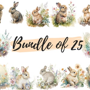 Watercolor Floral Bunnies Clipart Bundle, 25 High Quality PNGs, 1000 DPI, Transparent Background Watercolor, Digital Download, 6400x6400px