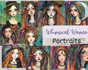Nyckfulla kvinnoporträtt Clipart, häxiga zigenarflickor PNG-filer (digital nedladdning)