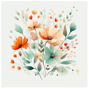 Watercolor Wild Flowers Clipart Set- Color Palette Dark Peach, Dark Mint, Light Green- for Crafting, Card-making and Scrapbooking
