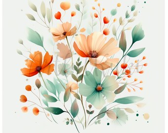 Aquarell Wildblumen Clipart Set: Pfirsich, Minze, Grün (Digitaler Download)