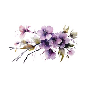 Akvarell Sakura-blomma Clipart: Rosa och lila körsbärsblommor PNG (digital nedladdning) bild 6