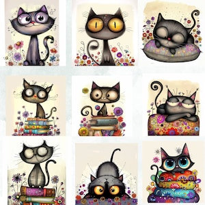 Quirky Black Cat Clipart Collection - 39 immagini PNG, download immediato di file digitali per la creazione di carte, scrapbooking, arte della scuola materna, journaling