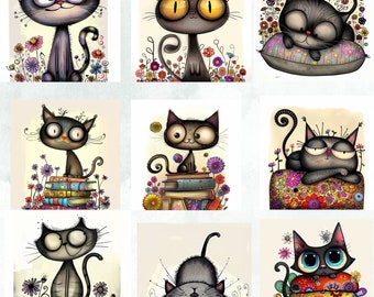Quirky Black Cat Clipart: Nyckfulla PNG-bilder (digital nedladdning)