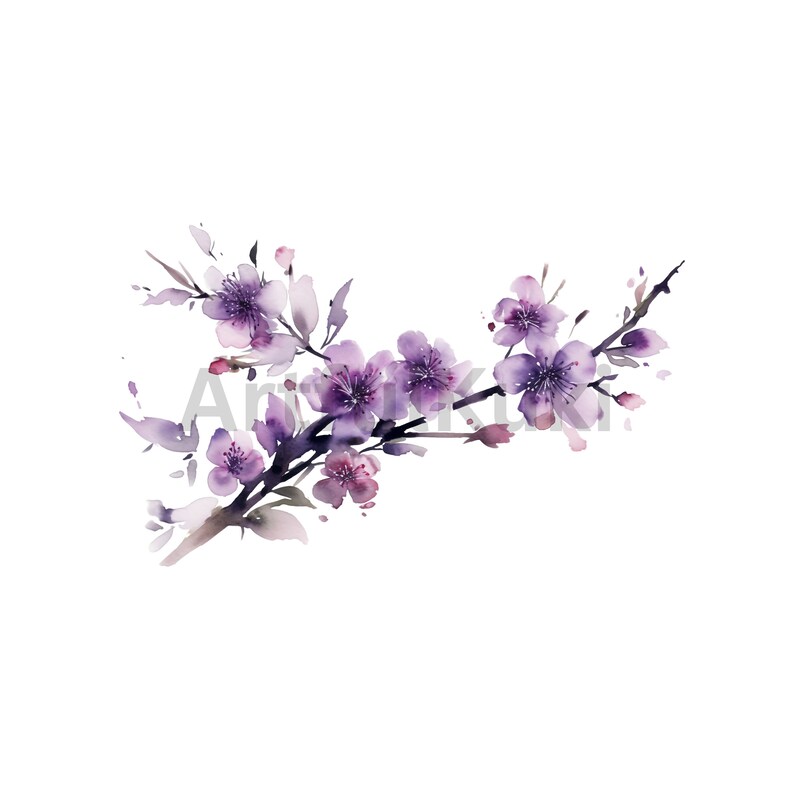 Akvarell Sakura-blomma Clipart: Rosa och lila körsbärsblommor PNG (digital nedladdning) bild 8