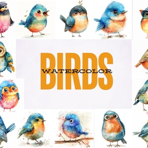 Colección de pájaros de acuarela, 35 archivos png con y sin fondo, descarga instantánea, creación de tarjetas, álbumes de recortes, elaboración y más