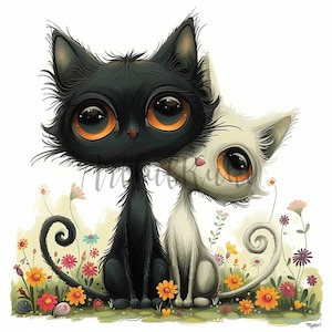 Clipart lunatique de chat noir, 16 images PNG, fichiers numériques instantanés pour la journalisation, le scrapbooking, le journal indésirable, la fabrication de cartes et plus encore